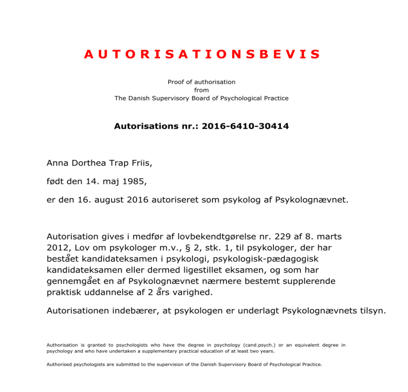 Autorisationsbevis Psykolog Anna Friis